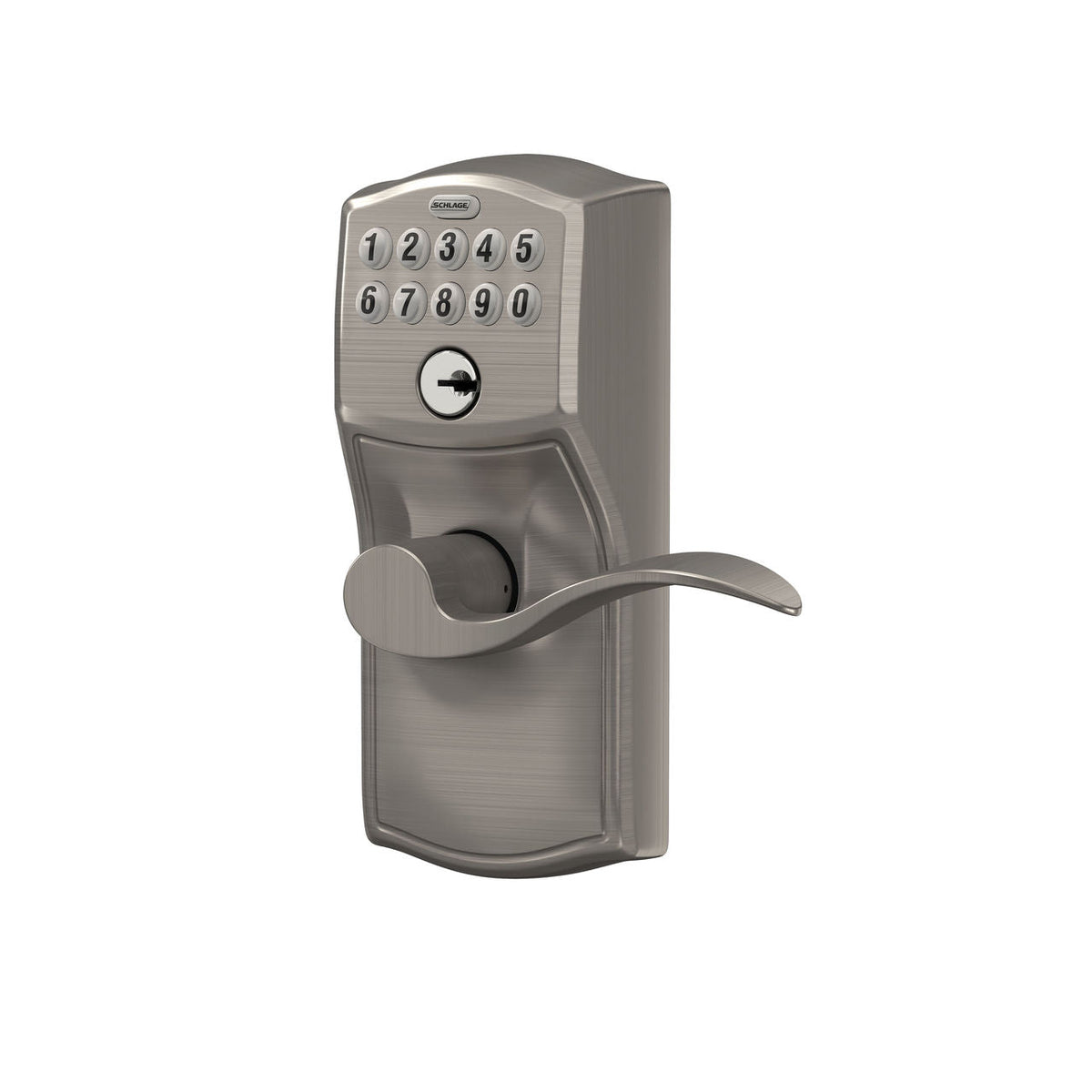 Schlage Camelot Satin Nickel Electronic Keypad Door Lock with Accent Lever and Flex‑Lock