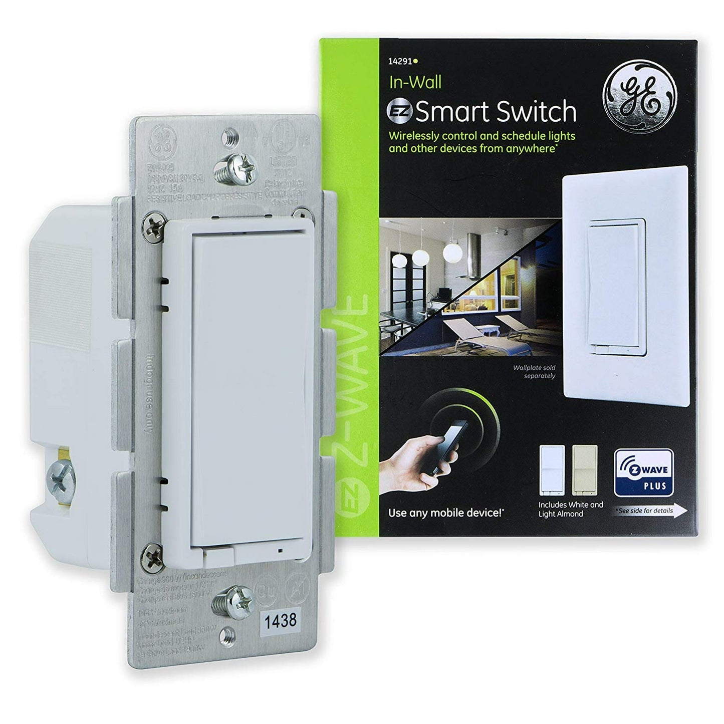 GE Z-Wave Plus 15A In-Wall Smart Rocker Switch, 3-Way, White/Light Almond (Model 14291)
