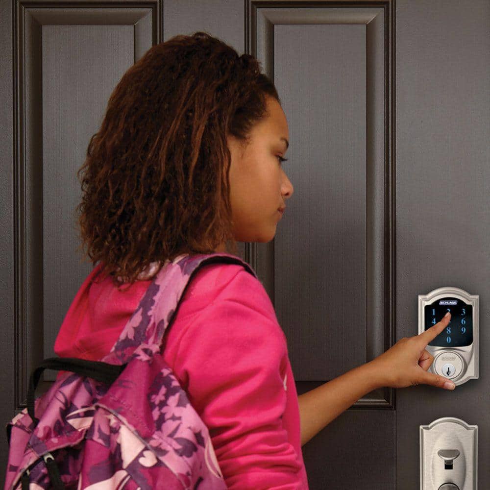 Schlage Camelot Satin Nickel Connect Z-Wave Plus Smart Deadbolt & Camelot Handleset with Accent Lever, Camelot Trim