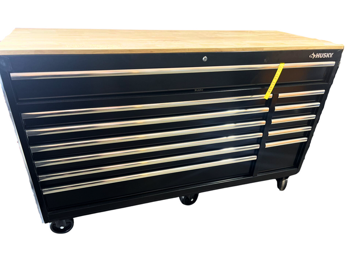 Husky 66 in. W x 24 in. D Standard Duty 12-Drawer Mobile Workbench Tool Chest with Solid Wood Top in Gloss Black