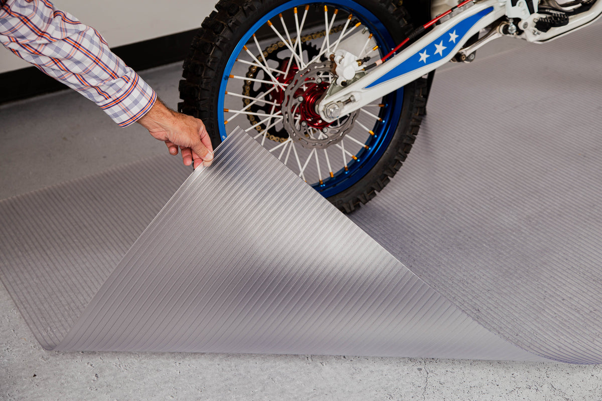 G‑Floor Motorcycle Mat, Ribbed – 55 Mil Base, 5' x 10' Midnight Black Roll-Out Vinyl