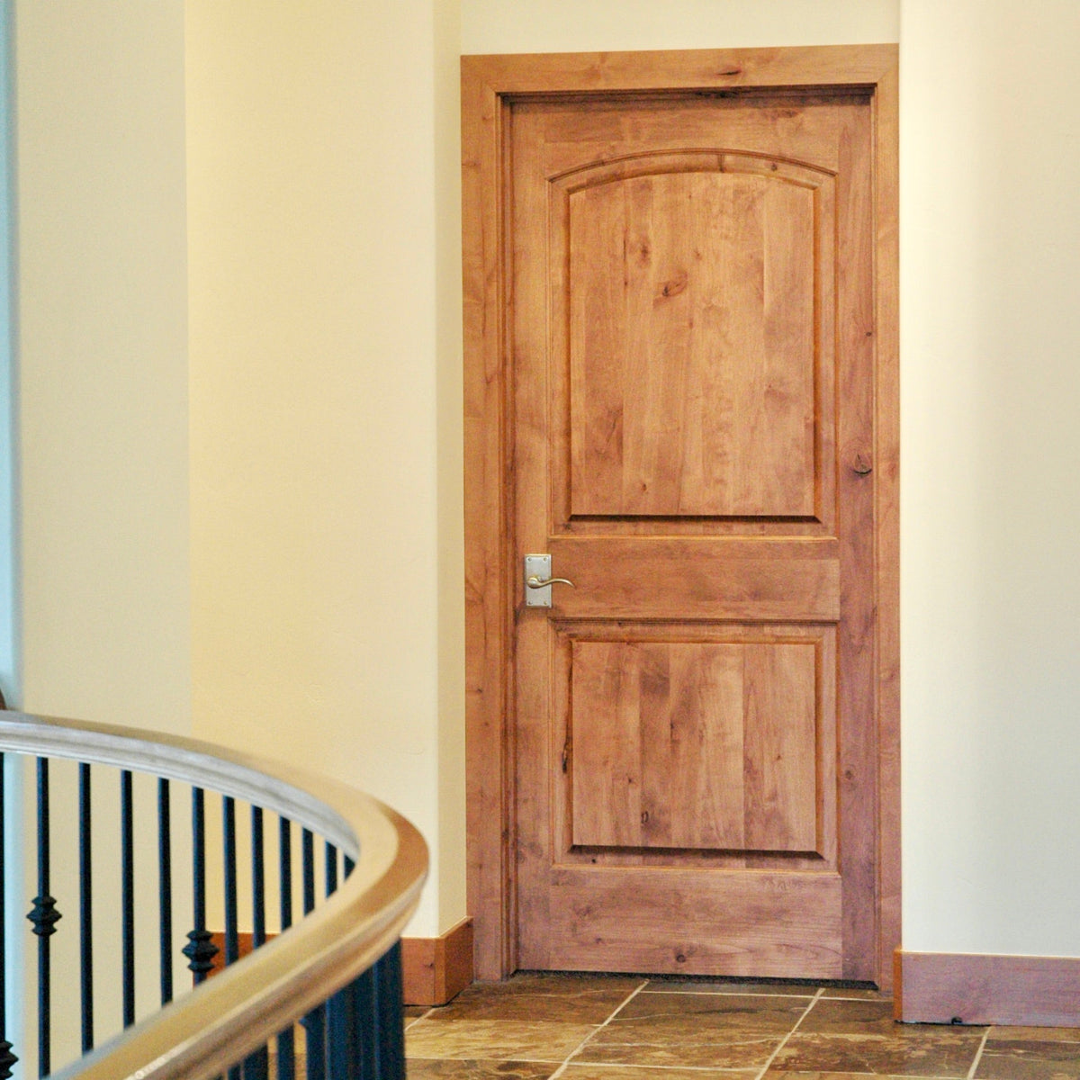 Krosswood Doors 30 in. x 80 in. Knotty Alder 2-Panel Top Rail Arch with V-Groove Solid Wood Core Interior Door Slab