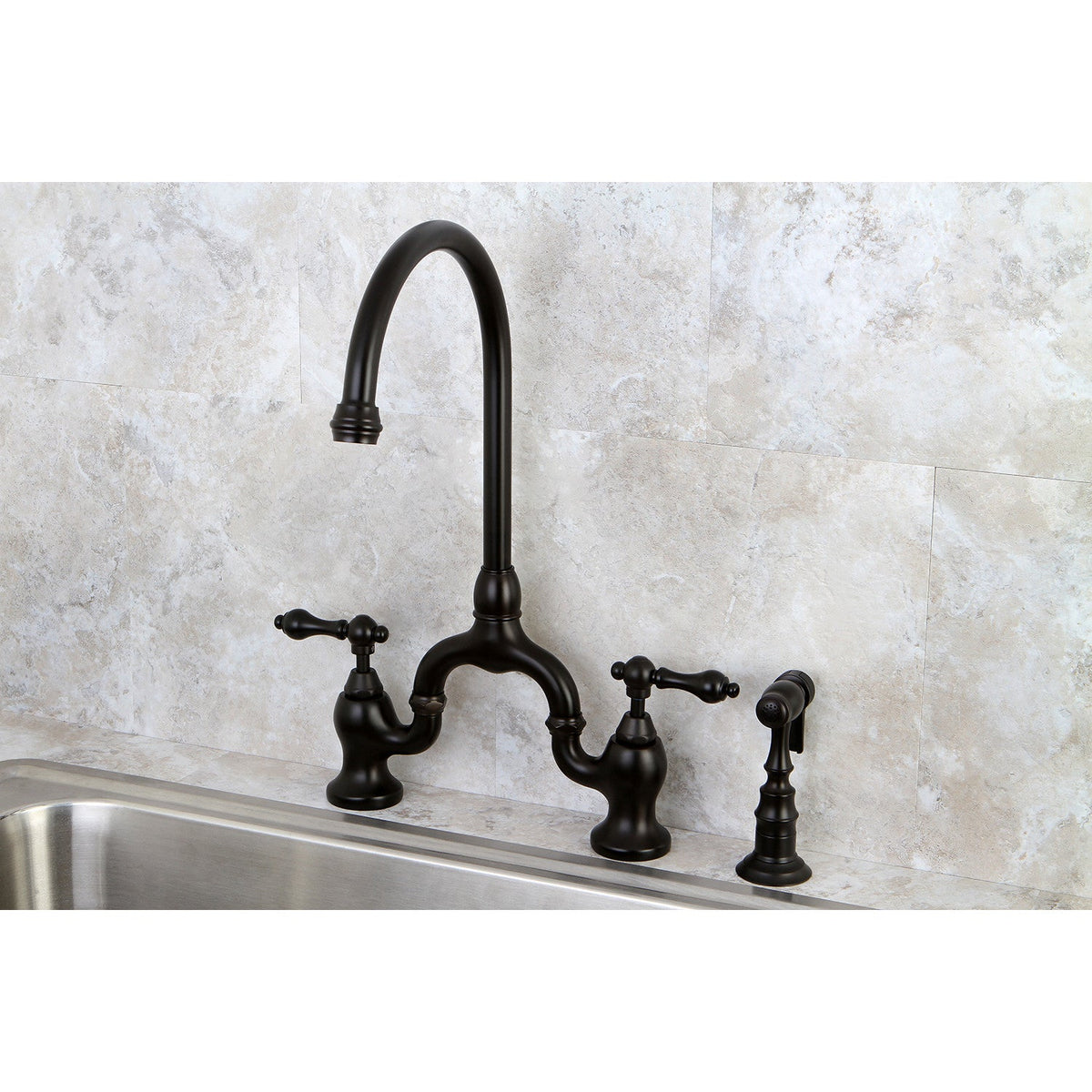 Elements of Design English Country Oil-Rubbed Bronze 2-Handle Deck-Mount Bridge Kitchen Faucet with Side Sprayer