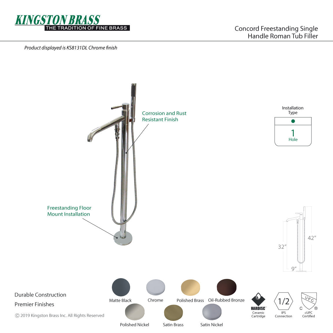 Kingston Brass Concord KS8135DL Oil Rubbed Bronze Freestanding Tub Faucet with Hand Shower, Single-Handle