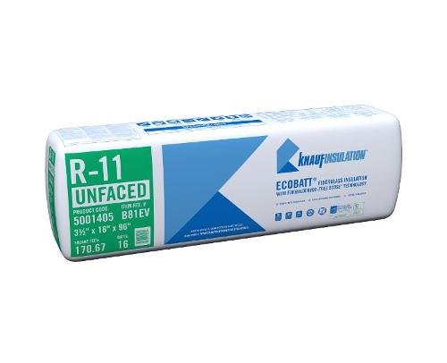R-11 EcoBatt Unfaced Fiberglass Insulation Batt, 3-1/2" x 16" x 96", 170.67 sq ft