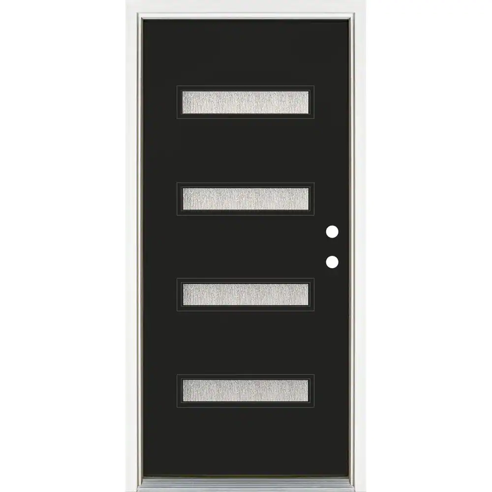 MP Doors 36 in. x 80 in. Left-Hand Inswing 4 Lite Water Wave Glass Black Finished Fiberglass Prehung Front Door