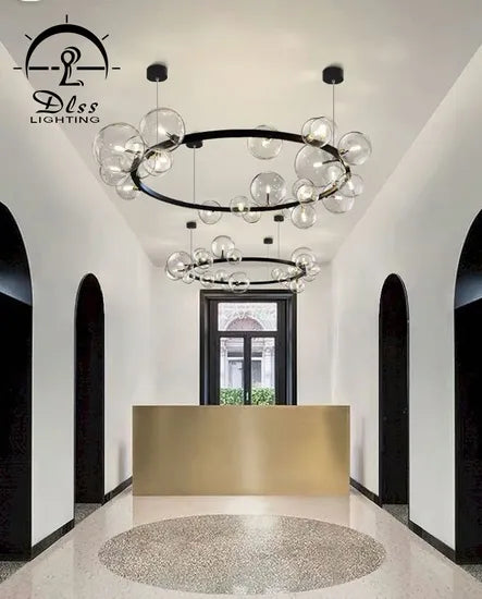 DLSS Lighting Modo Clear Bubbles Glass Round Black Chandelier/Pendant Light