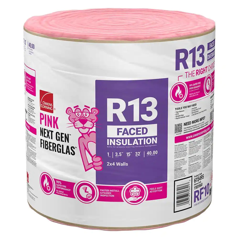 Owens Corning PINK Next Gen Fiberglas Kraft Faced Wood Framing Insulation R-13, 15" x 32'