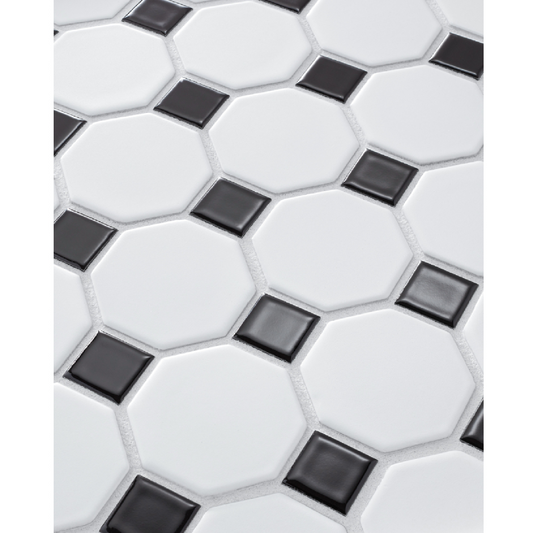 Octagon Matte White with Black Porcelain Mosaic Wall and Floor Tile - 2.25 x 2.25 in.