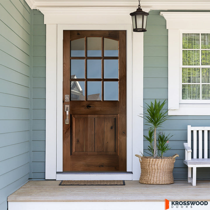 Krosswood 36 in. x 80 in. Rustic Knotty Alder Arch Top 9‑Lite Clear Glass with V-Panel Unfinished Wood Front Door Slab