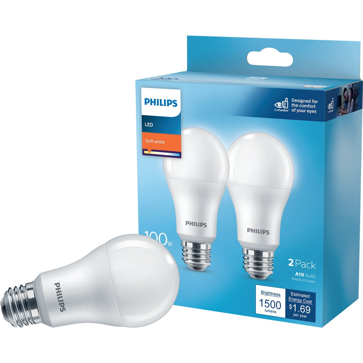 Philips 100-Watt Equivalent A19 Non-Dimmable LED Light Bulb, Soft White 2700K, 2-Pack