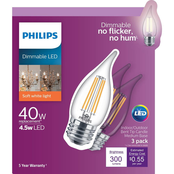 Philips 40-Watt Equivalent B11 Dimmable LED Bent Tip Candle Light Bulb, Soft White, Medium Base (3-Pack)