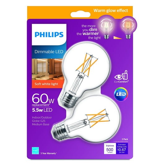 Philips 60-Watt Equivalent G25 Dimmable LED Indoor/Outdoor Globe Light Bulbs, Clear, Warm Glow Soft White (2200–2700K), Medium Base (E26), 2-Pack