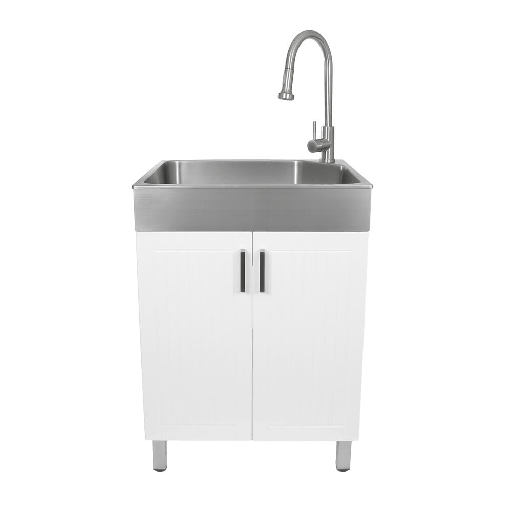 Tuscany 24" White Cabinet & Stainless Steel Laundry Sink with Faucet