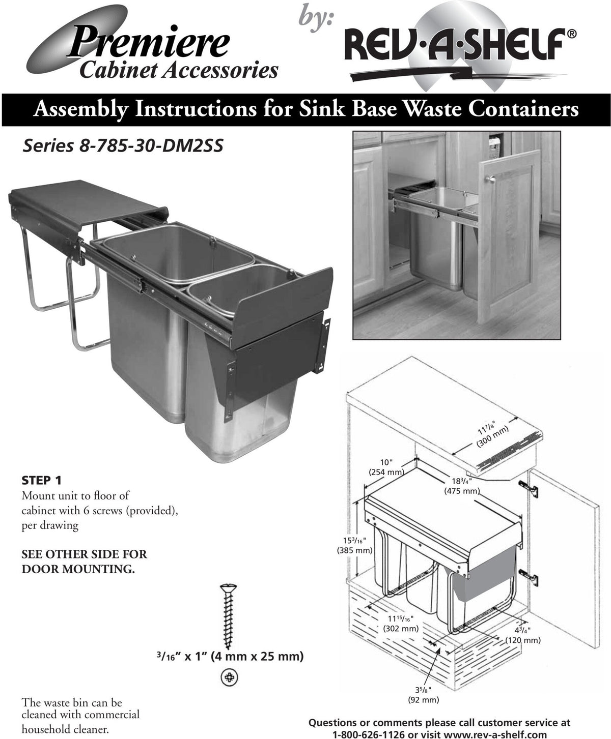 Rev-A-Shelf 8-785-30-2SS Stainless Steel Pull-Out Under-Sink Waste Containers, 10.25"W x 18.75"D x 15.19"H