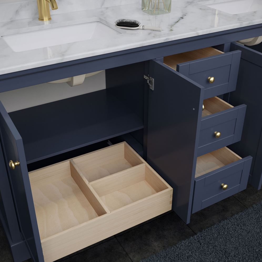 Wyndham Collection Avery 72-in Dark Blue Double Sink Bathroom Vanity with White Carrara Marble Top