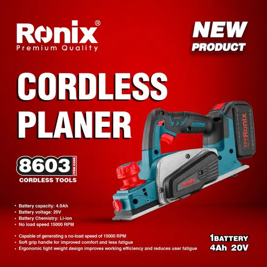 Ronix 8603 Planer Precision Machined Front and Back Aluminum Shoes Ensure Parallelism of Cut Cordless Planer