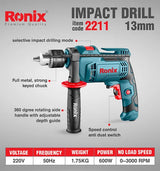 Ronix Model 2211 13mm Keyed 3000rpm Hot Selling Professional Electric Impact Drill