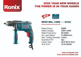 Ronix Model 2214 13mm Keyed Chuck Powerful Motor of Electric Drill