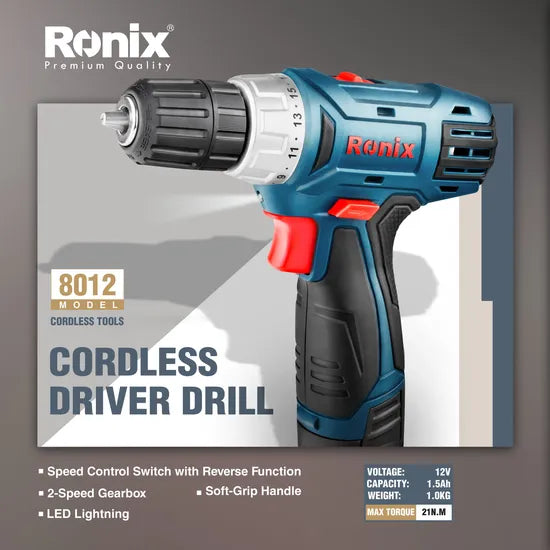 Ronix Model 8012 12V 1500rpm Hot Sale Cordless Drill Driver