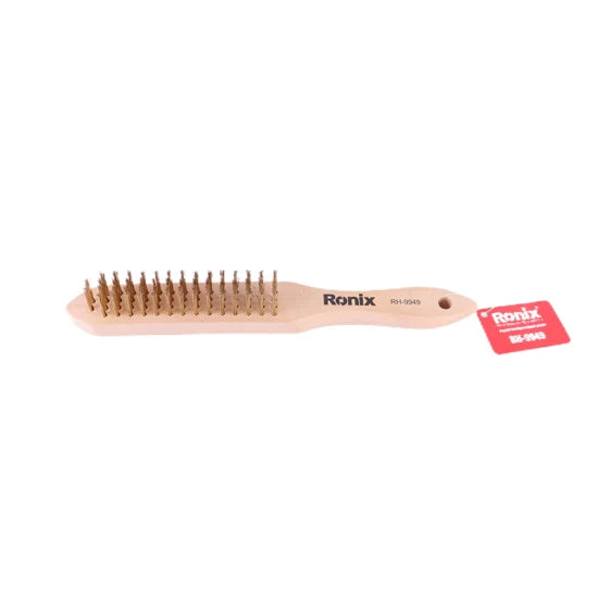 Ronix Rh-9949 4 Rows Wooden Handle Brush Wire Brush Stainless Steel Wire Scratch Brush for Cleaning Rust with Long Curved Handle