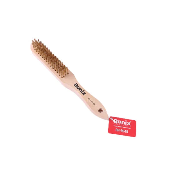 Ronix Rh-9949 4 Rows Wooden Handle Brush Wire Brush Stainless Steel Wire Scratch Brush for Cleaning Rust with Long Curved Handle