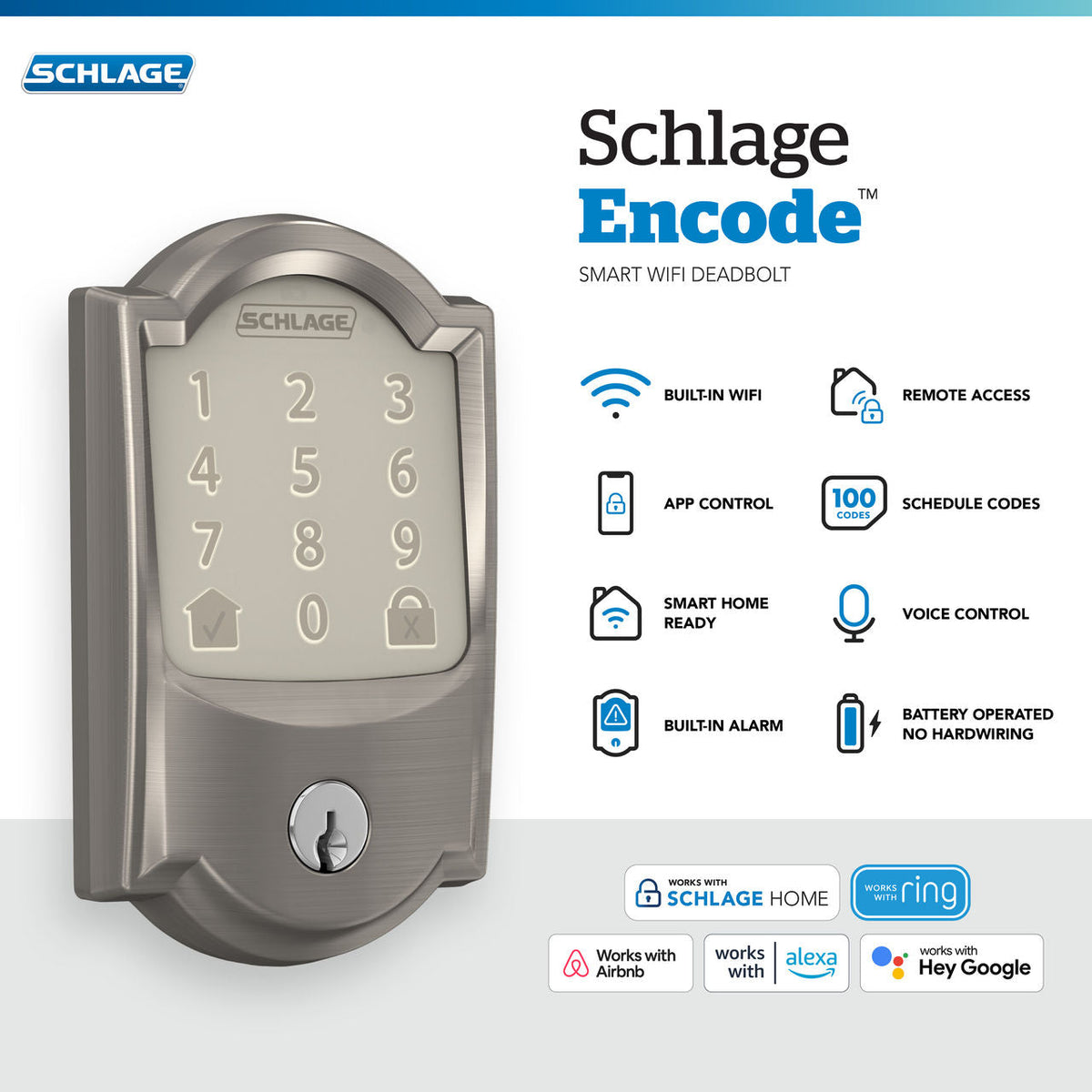 Schlage Camelot Encode Smart WiFi Deadbolt with Built‑In Alarm, Aged Bronze