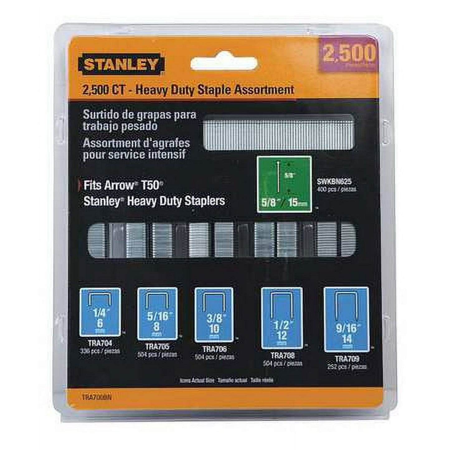 STANLEY TRA700BN 18-Gauge Heavy-Duty Narrow Crown Staple & 5/8 in Brad Assortment, 2,500-Count