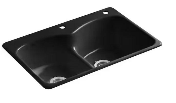 Langlade Smart Divide Drop-In Cast-Iron 33 in. 2-Hole Double Bowl Kitchen Sink in Black Black