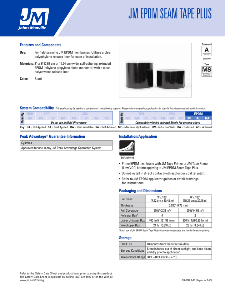 JM EPDM Seam Tape Plus Black 3" x 100'