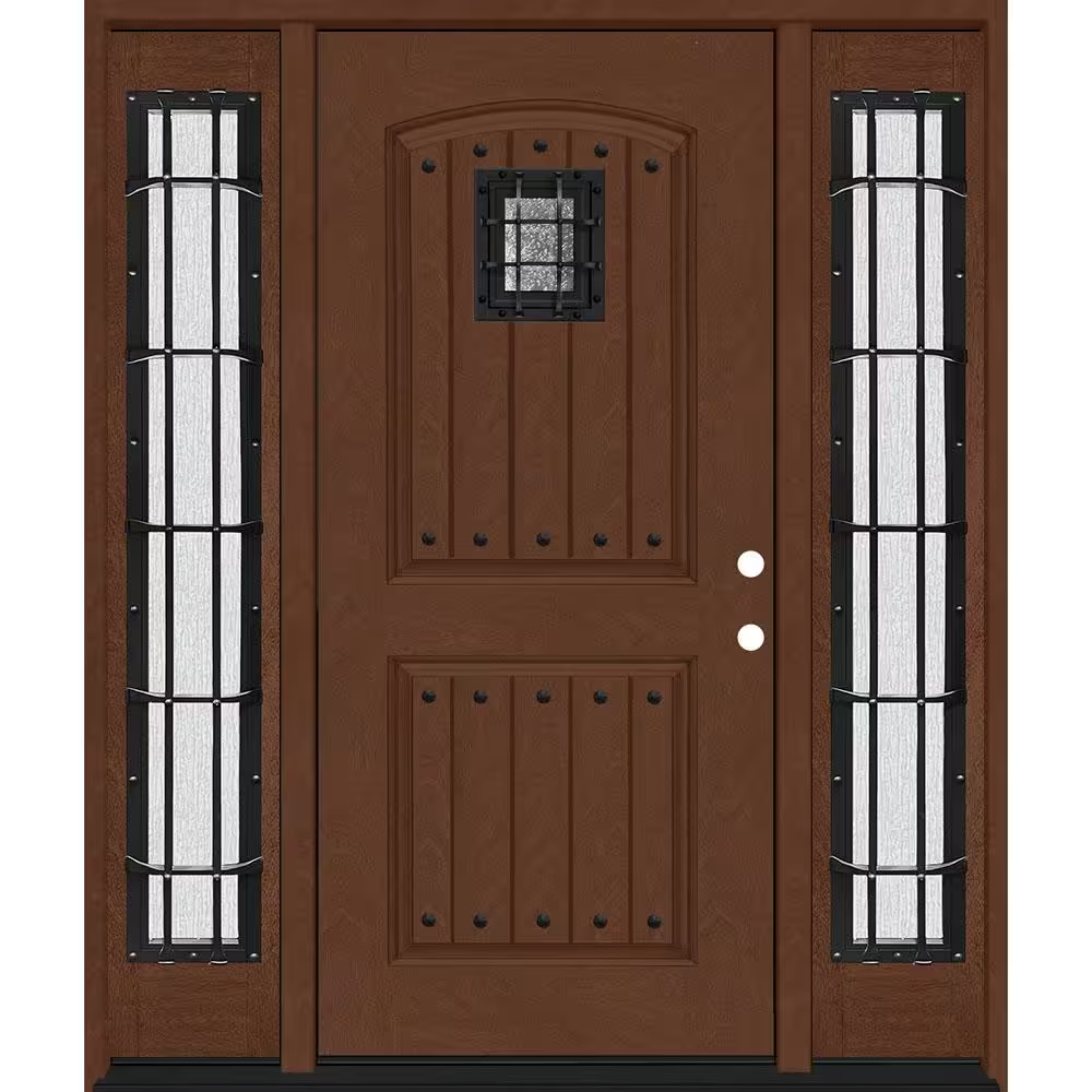 Steves & Sons Regency 68 in. x 80 in. 2Panel Plank Cavalier Speakeasy LHIS Chestnut Fiberglass Prehung Front Door w/Cav Dbl 14in.SL