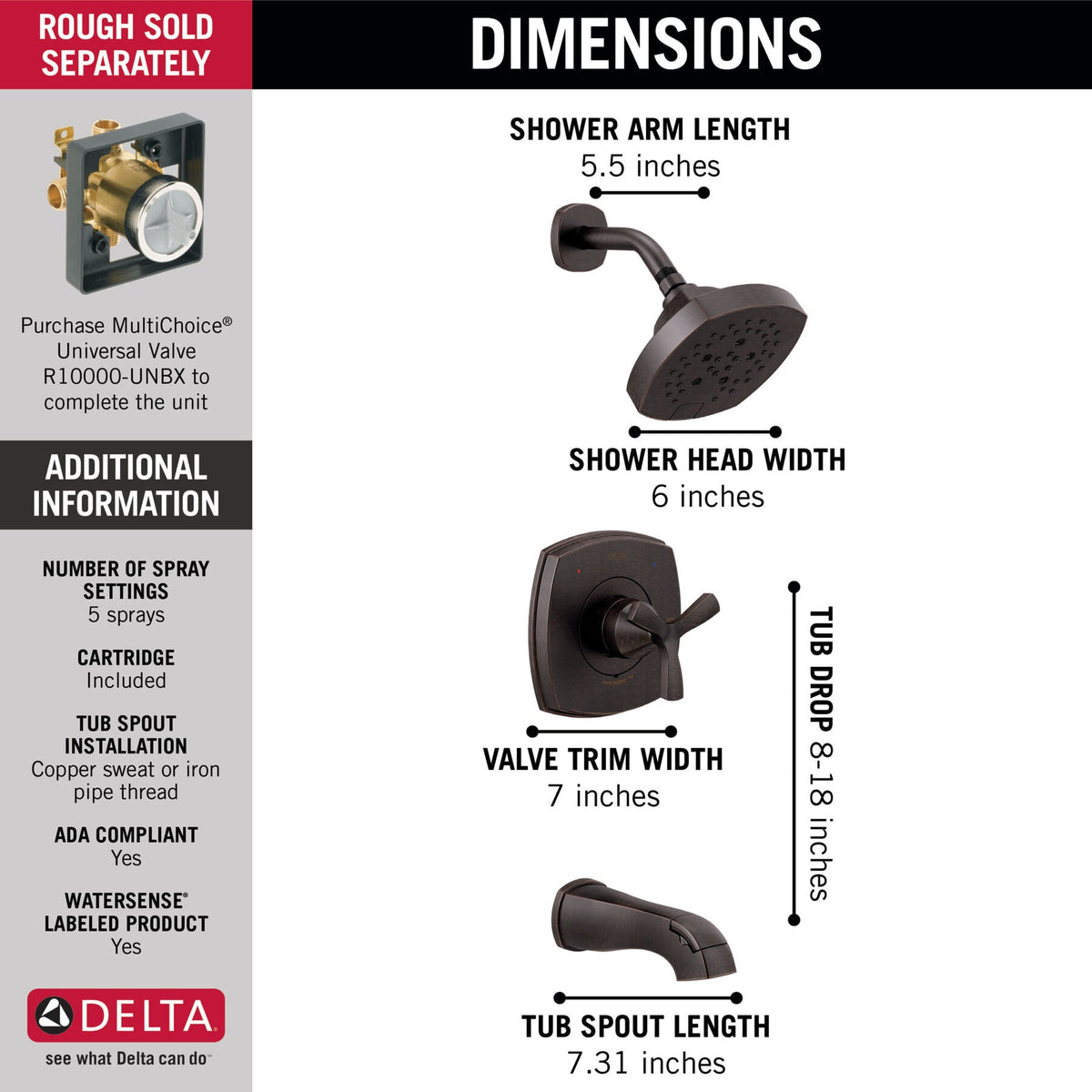 Delta 0.5-in Venetian Bronze Bathtub/Shower Mixer, H2Okinetic, Monitor, Trim Kit T144766-RB