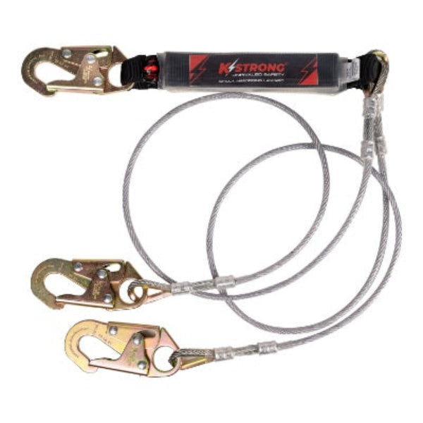 Shock Absorbing Lanyard - Clear Shock Pack - Wire Cable Leading Edge - Twin Leg - 3 Snap Hooks - 6ft image 2