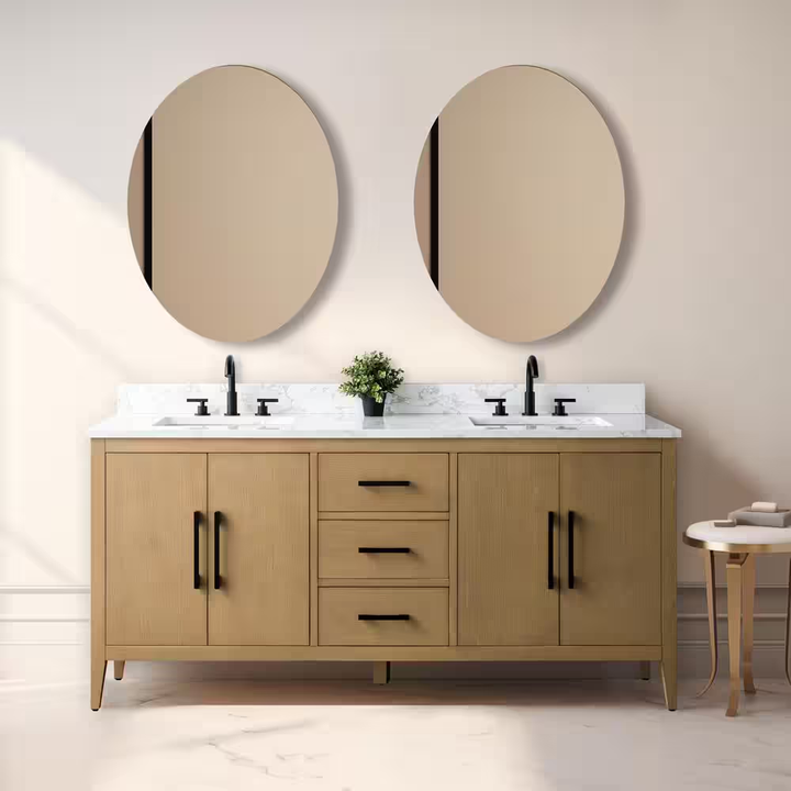 Vanity Art 72 in. W x 22 in. D x 34 in. H Double-Sink Bathroom Vanity in Natural Oak with Engineered Marble Top in Arabescato White
