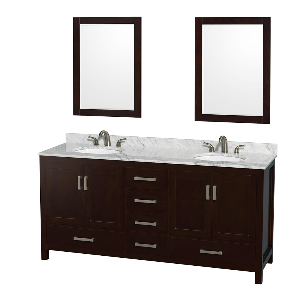 Wyndham Collection Sheffield 72-in Espresso Double Sink Bathroom Vanity with Ivory Marble Top, Mirror Included