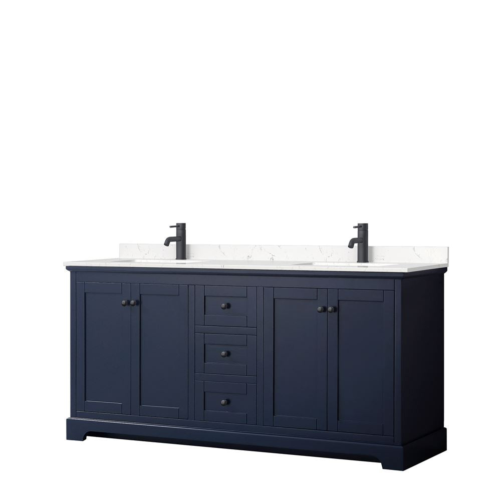 Wyndham Collection Avery 72-in Dark Blue Double Sink Bathroom Vanity with White Carrara Marble Top
