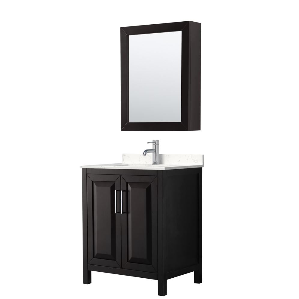 Wyndham Collection Daria 30-in Dark Espresso Single Sink Bathroom Vanity with White Carrara Marble Top, Mirror Included