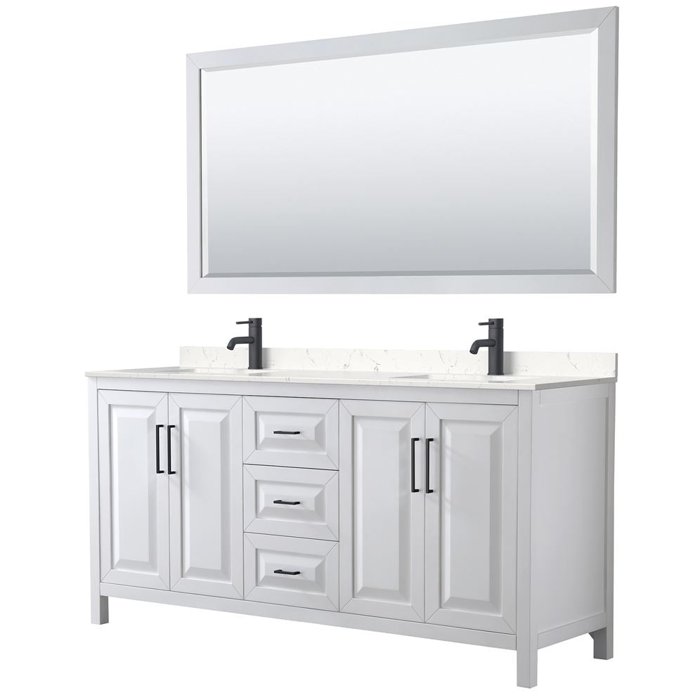 Wyndham Collection Daria 72-in Dark Espresso Double Sink Bathroom Vanity with White Carrara Marble Top, Mirror Included