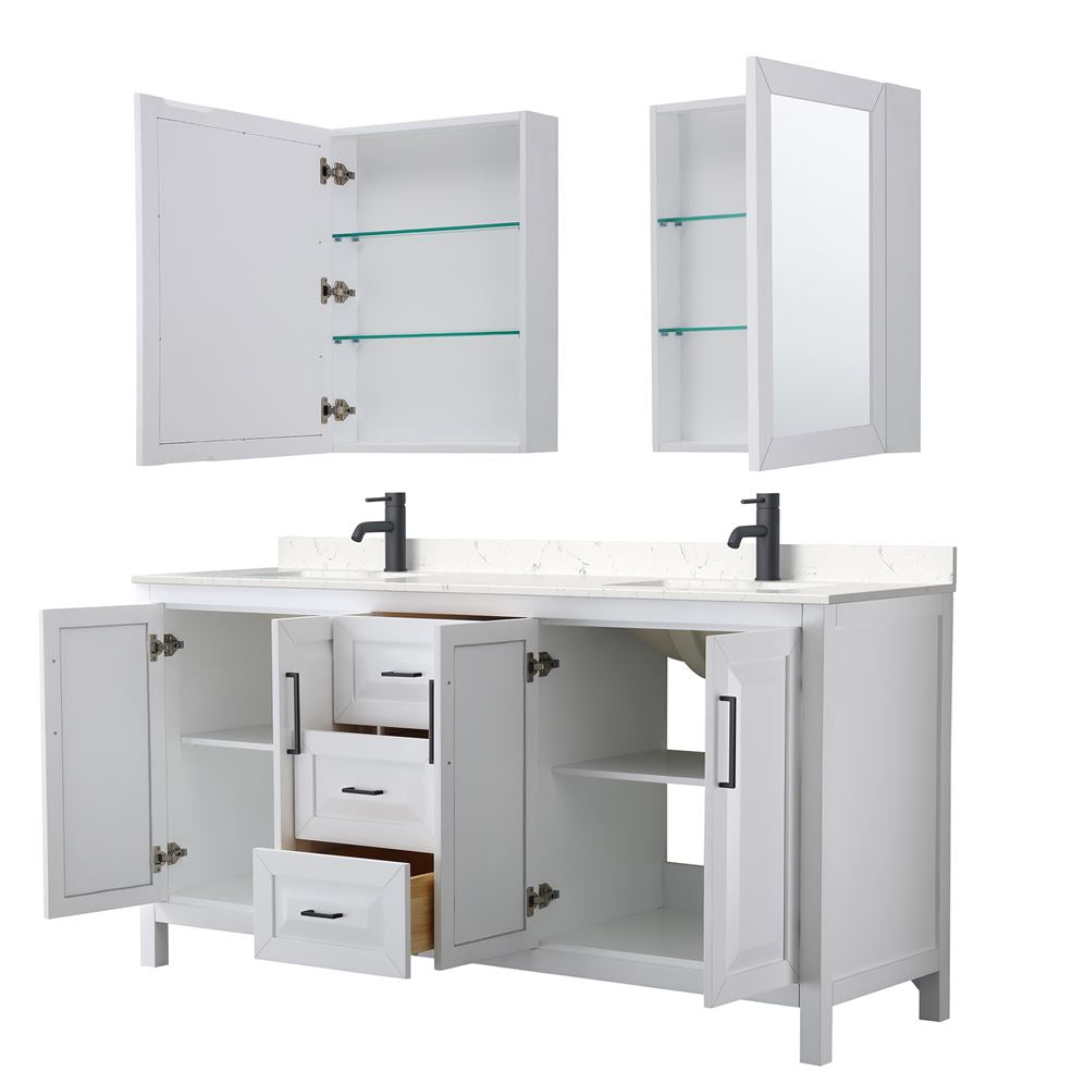Wyndham Collection Daria 72-in Dark Espresso Double Sink Bathroom Vanity with White Carrara Marble Top, Mirror Included