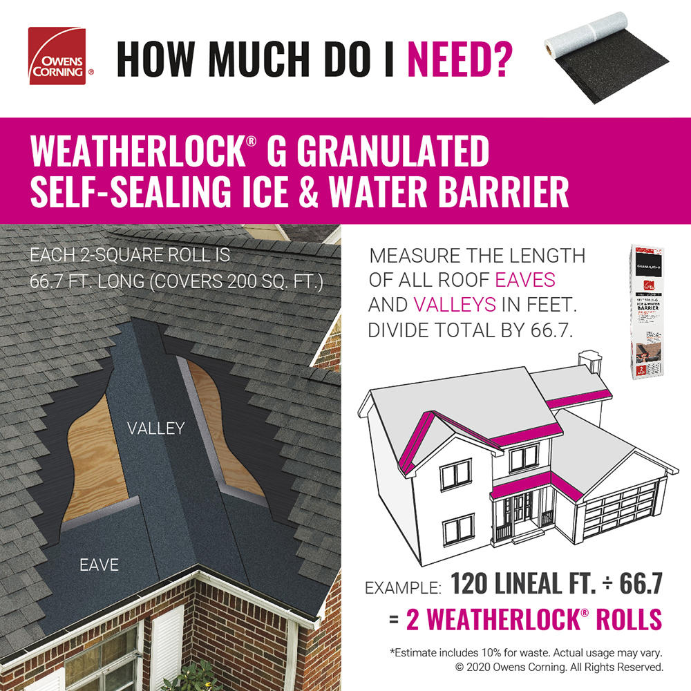 Owens Corning WeatherLock G Granulated Self-Sealing Ice & Water Barrier Underlayment Roll, 3 ft x 66.7 ft (200 sq ft)