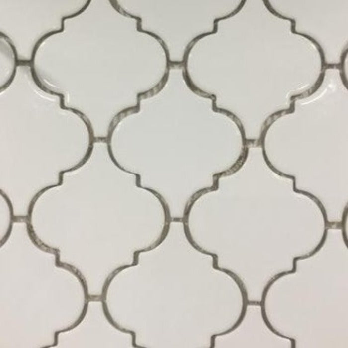 Whisper White Arabesque 10-1/2 in. x 15-1/2 in. x 8 mm Glossy Ceramic Mesh-Mounted Mosaic Wall Tile (11.7 sq. ft. /case)