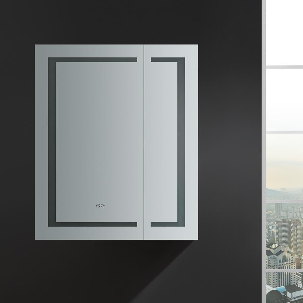 Spazio 30 in. W x 36 in. H Recessed or Surface Mount Medicine Cabinet with LED Lighting and Mirror Defogger - Super Arbor
