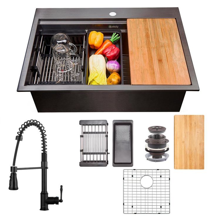 All-in-One Matte Black Finished Stainless Steel 25 in. x 22 in. Single Bowl Drop-in Kitchen Sink with Spring Neck Faucet