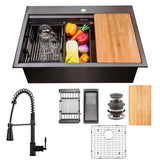 All-in-One Matte Black Finished Stainless Steel 25 in. x 22 in. Single Bowl Drop-in Kitchen Sink with Spring Neck Faucet