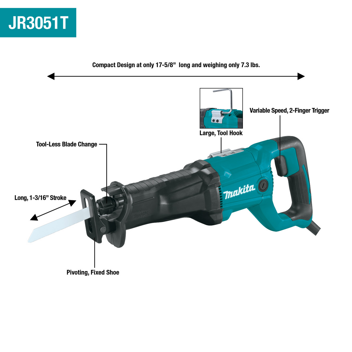Makita JR3051T 12 Amp Corded Recipro Saw, 1-3/16" Stroke, Variable Speed
