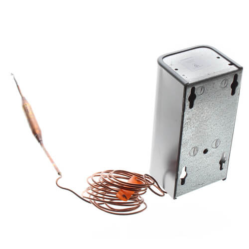 Johnson Controls A19ABA-40C temperature controller - side view (Application: Cool Only, Remote Bulb Temperature; Capillary Length: 6')