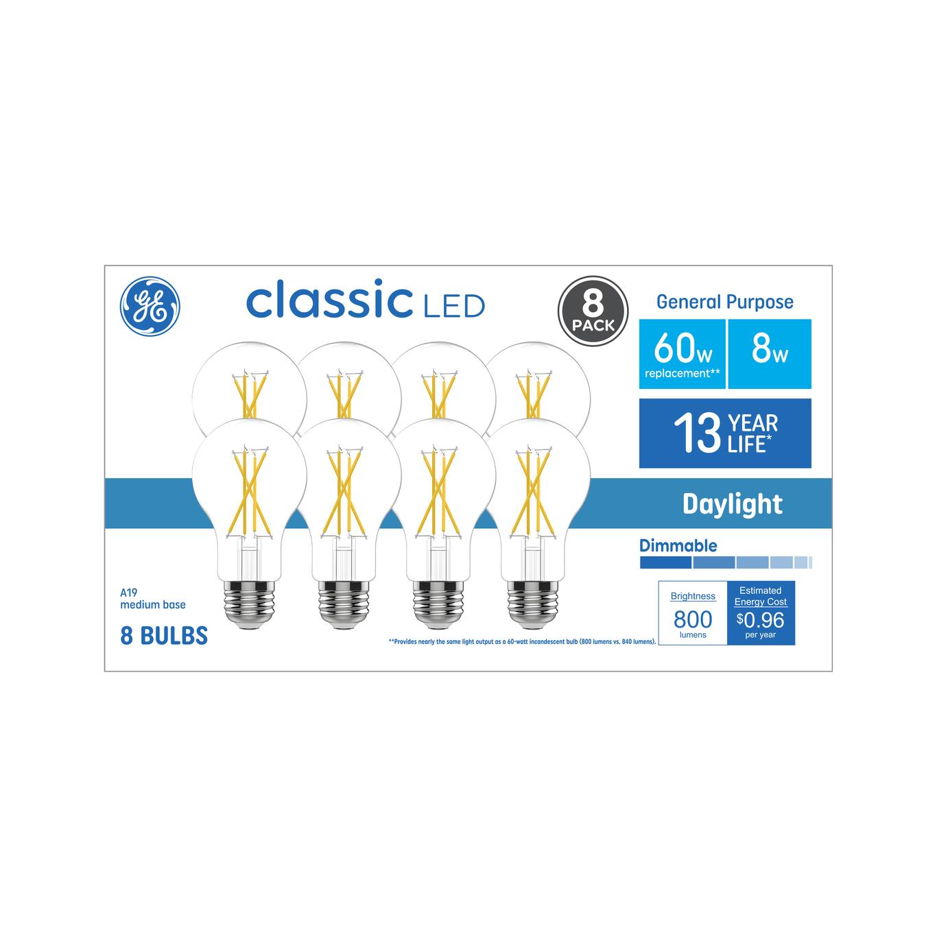 Energy Star Qualified GE Classic A19 Daylight Dimmable LED Light Bulbs, 60W Equivalent, 8W, 800 Lumens (8-Pack)