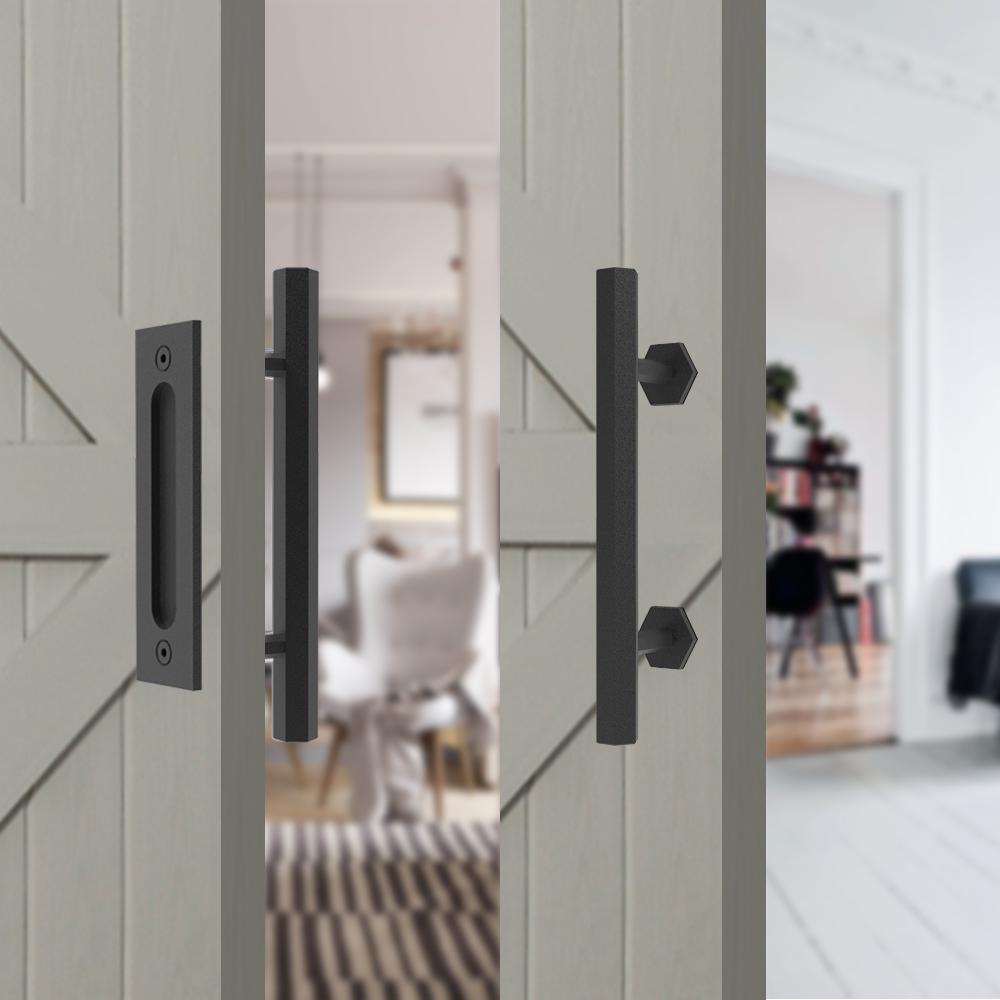 10 in. Black Hexagon Pull and Flush Sliding Barn Door Handle Set - Super Arbor