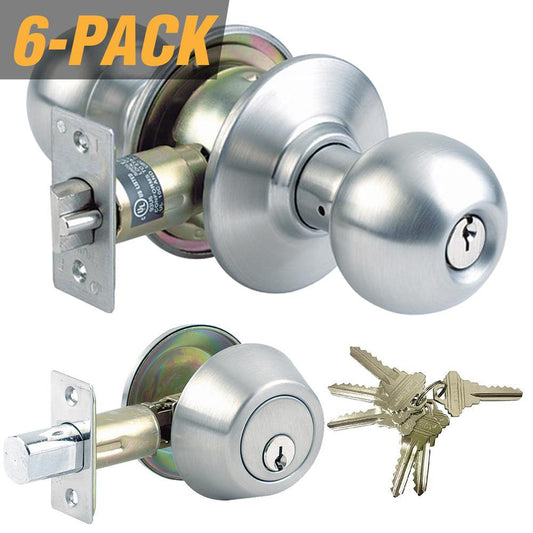 Stainless Steel Grade 3 Combo Lock Set with Entry Door Knob and Deadbolt, 36 SC1 Keys Total, (6-Pack, Keyed Alike) - Super Arbor