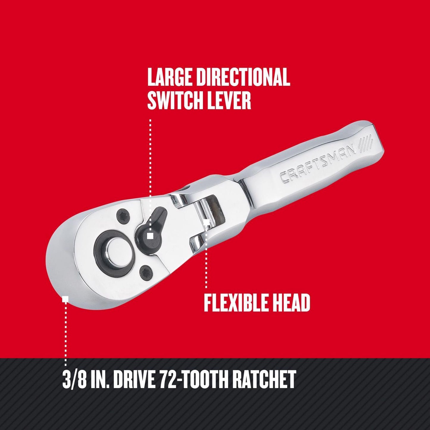 Craftsman 3/8 in. Drive Metric and SAE Flex Head Stubby Ratchet, 72 Teeth
